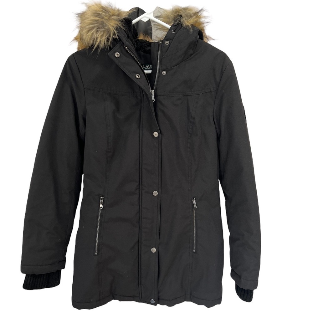 Lauren Ralph Lauren black faux fur trim hooded women’s coat size XS
